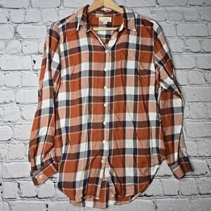 Loft Orange Plaid Womens Collared Button Up Tunic‎ Long Sleeve Top Size Small